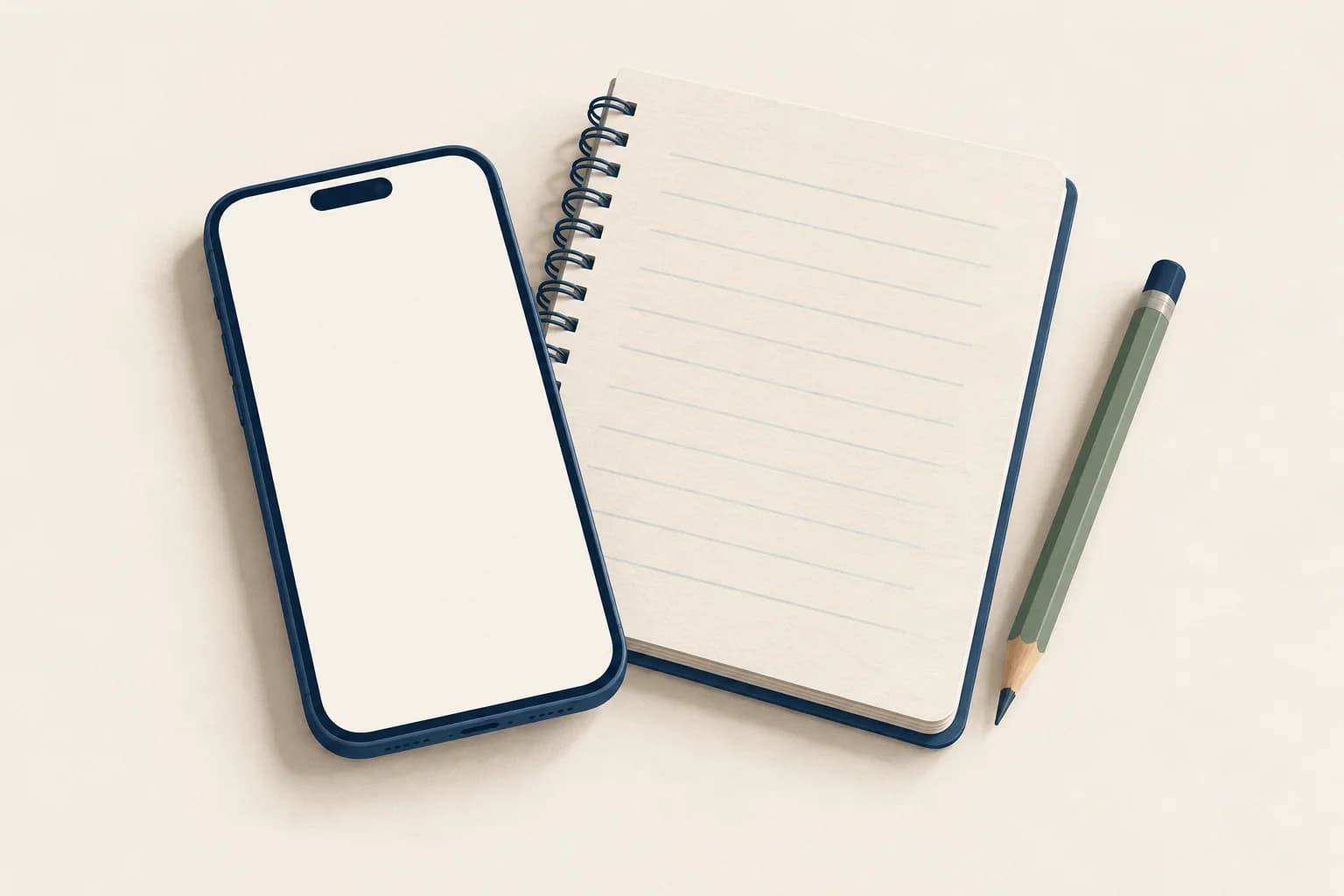 Illustration of a blank-screen phone beside a lined notebook and sage pencil