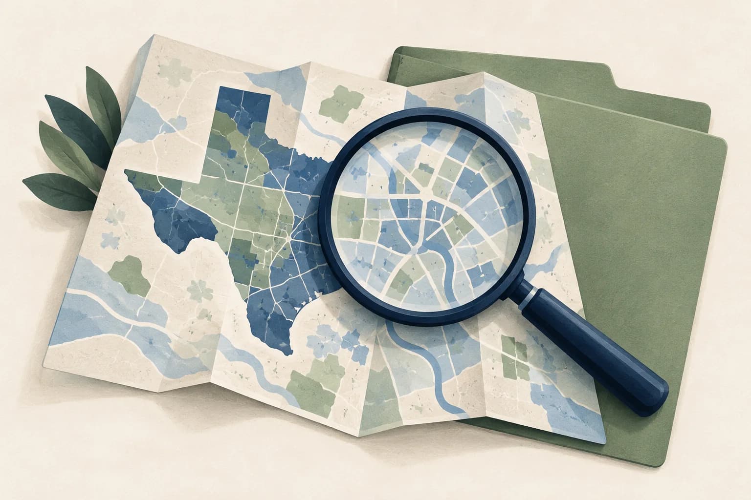 Illustration of a magnifying glass over an abstract Texas map beside a plain green folder