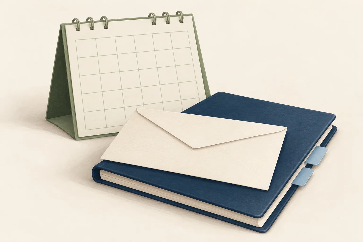 Illustration of an unnumbered calendar and a plain envelope on an organized navy notebook