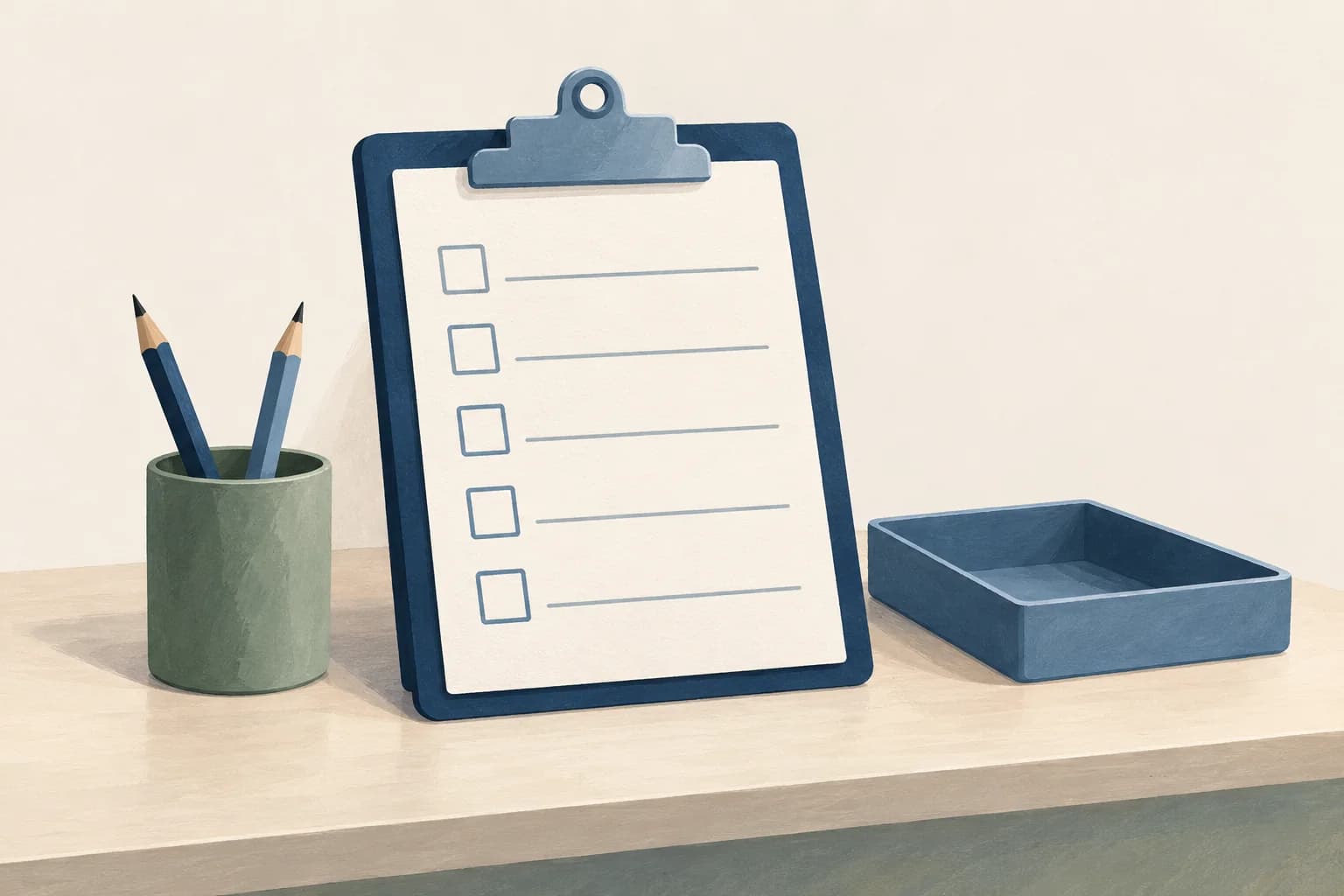 Illustration of a blank task-list clipboard, two pencils in a sage cup, and an empty blue desk tray