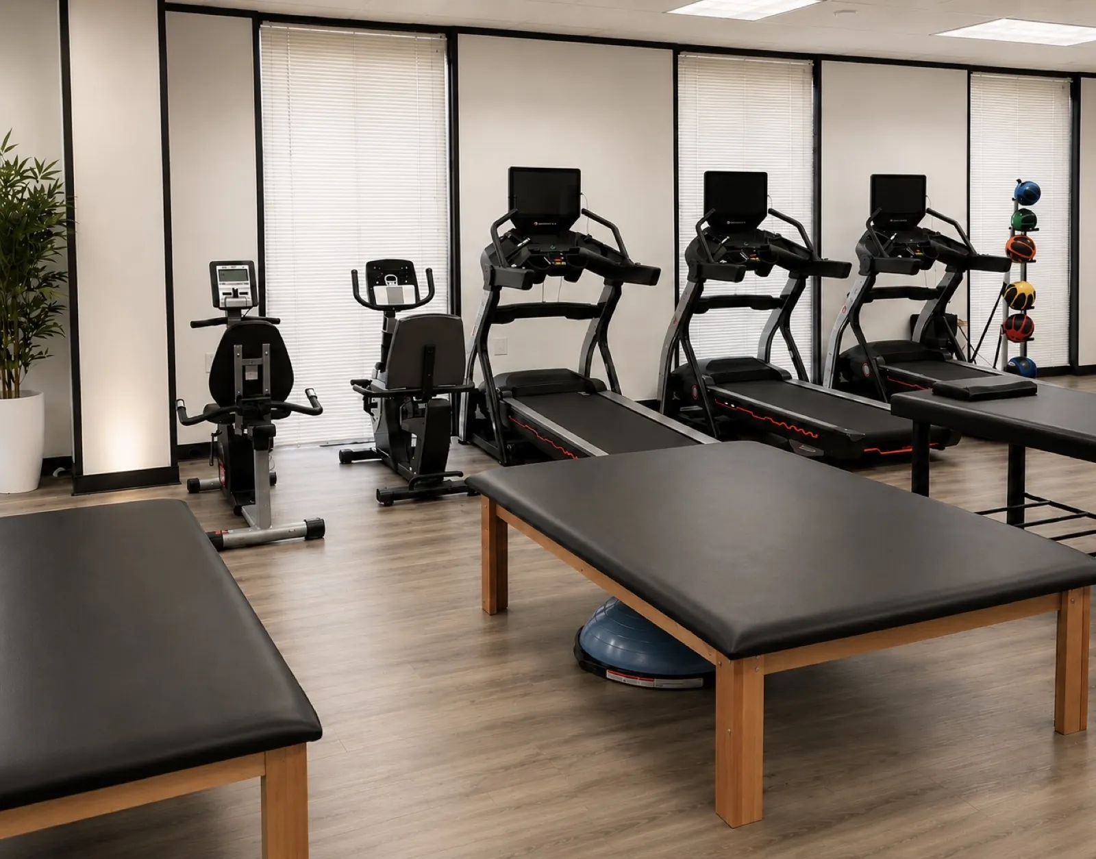 Open therapy floor with treadmills and treatment tables